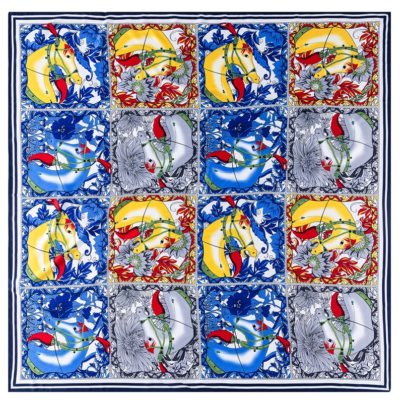 

130cm Twill Silk Scarf War Horse Print Square Scarf Women Bandana Shawl Luxury Brand Foulard Scarves Wraps For Ladies Echarpe