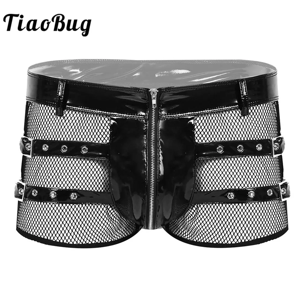 TiaoBug, сексуальное мужское нижнее белье из лакированной кожи с эффектом мокрого вида, трусы-боксеры с низкой розой на молнии спереди, шорты для геев, плавки, трусы