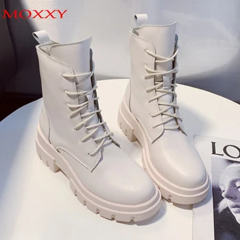 online 2020 Moda Meados De Bezerro Botas Femininas Sapatos De Plataforma De Couro Preto Botas Goth Rendas Botas De Combate De Couro Branco Para Sapatos Femininos