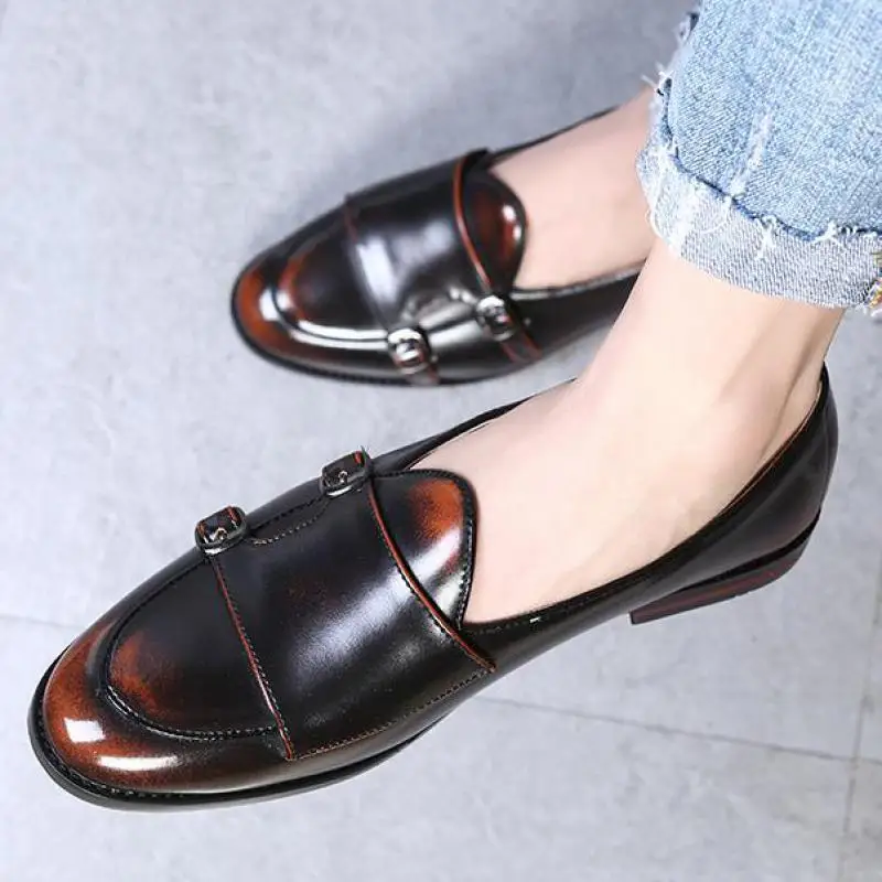 

37~48 Large Size Men Double Monk Strap Shoes Slip On Dress Loafers Mens Flat Loafer Pointed Toe Formal Wedding Leather Shoes
