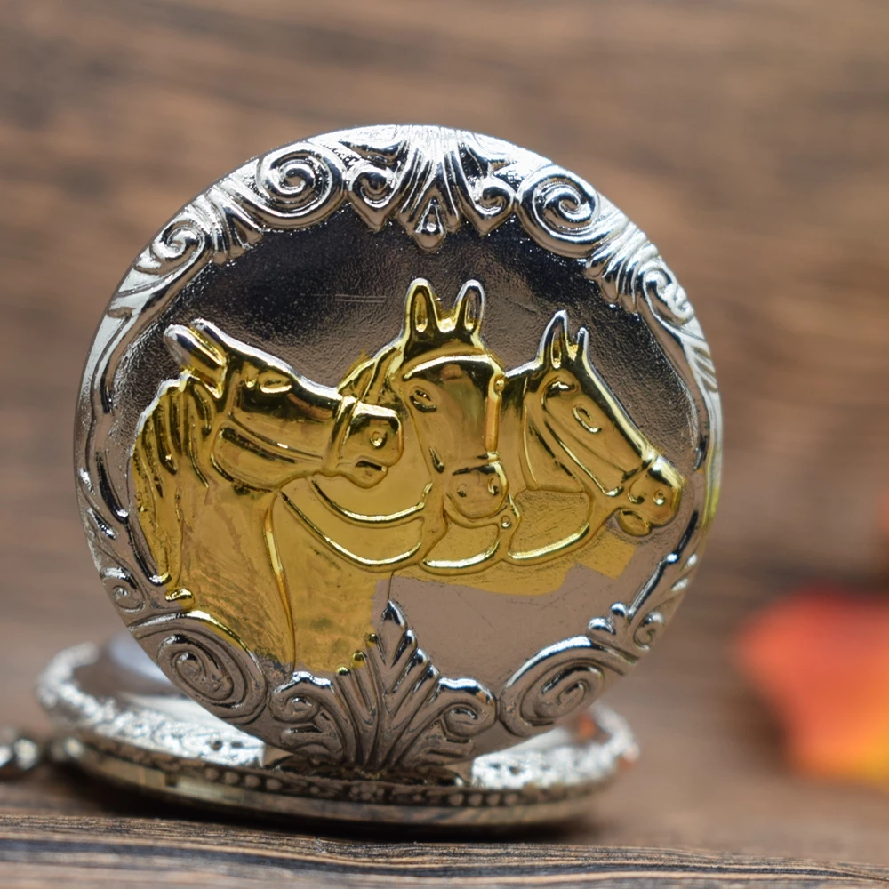 Pocket & Fob Watches Silver&Gold Horses Pattern Quartz Pocket Watches With Belt Chain Pocket & Fob Watches Silver&Gold Horses Pattern Quartz Pocket Watches With Belt Chain