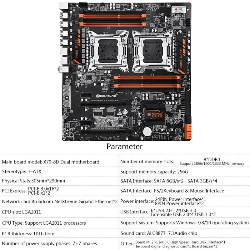 Huananzhi X79-8D материнская плата, отдельные части двухъядерного процессора Intel Процессор LGA 2011 E5 2689 2670 V2 DDR3 1333/1600/1866 МГц 256 ГБ M.2 NVME SATA3 USB3.0 E-ATX