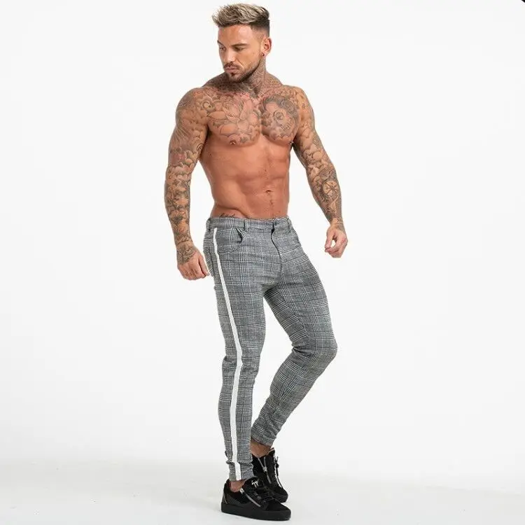 Брендовые новые мужские s Slim Fit нижняя часть спортивного костюма, обтягивающие спортивные штаны для бега, мужские брюки, клетчатые высокие эластичные брюки-карандаш