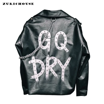 

ZURICHOUSE Punk Leather Jacket Women Fashion Letter Print Rivet Hang Rings Chain Motorcycle Black Faux Leather Biker Jacket