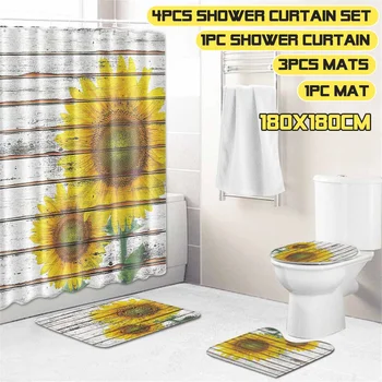 

3D Printed Sunflower Bathroom Curtain Waterproof Mildew-proof Shower Curtains Bathtub Anti-slip Mat Toilet Set Quick-drying