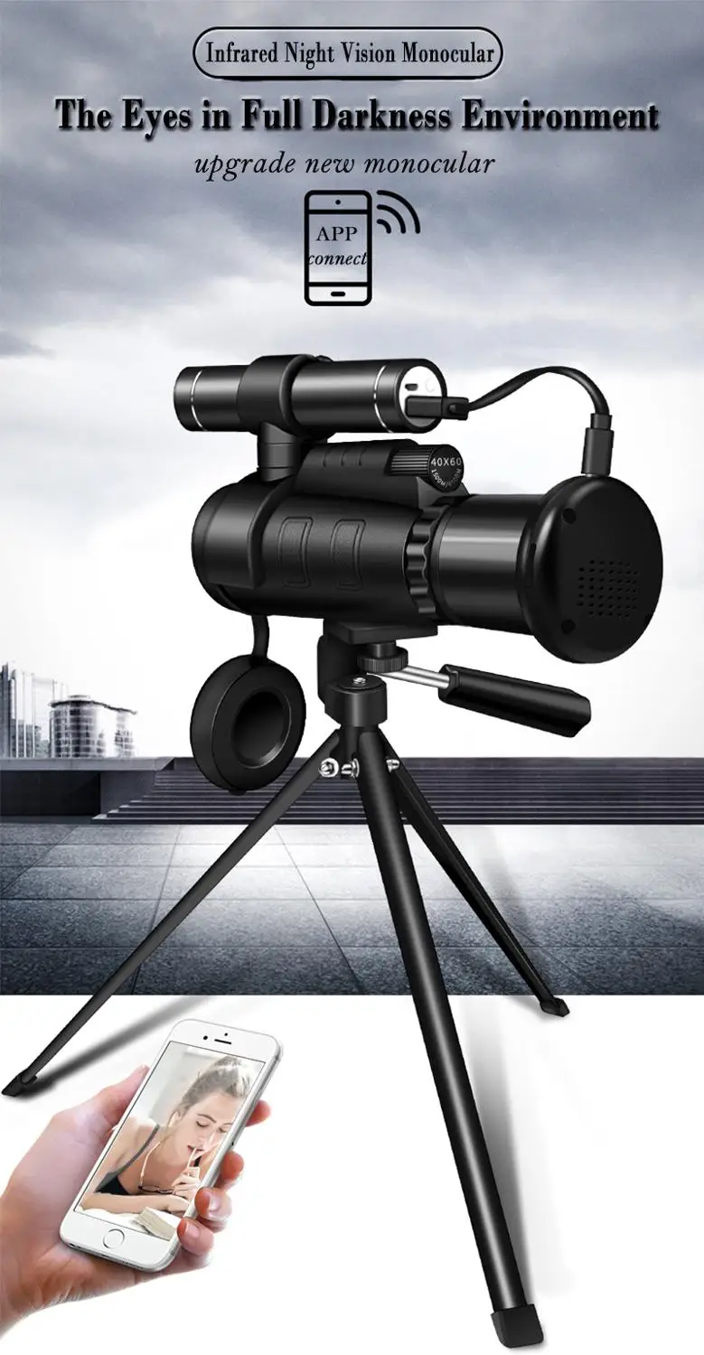 

PDDHKK 40x60 HD Monocular Photography Camera Optical Telescope Full Darkness Infrared Night Vision Phone Connect Ridge Prism