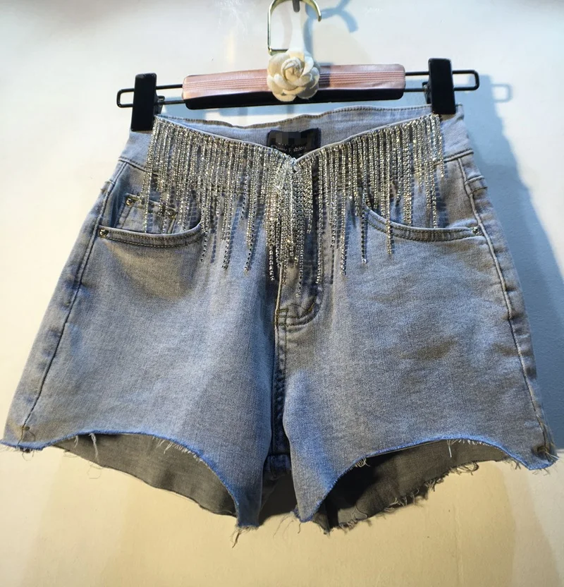 

Women Denim Shorts 2020 Summer New Heavy Tassel Diamond High Waist Slimming Wide-Leg Stretch Denim Shorts Female Jean Shorts