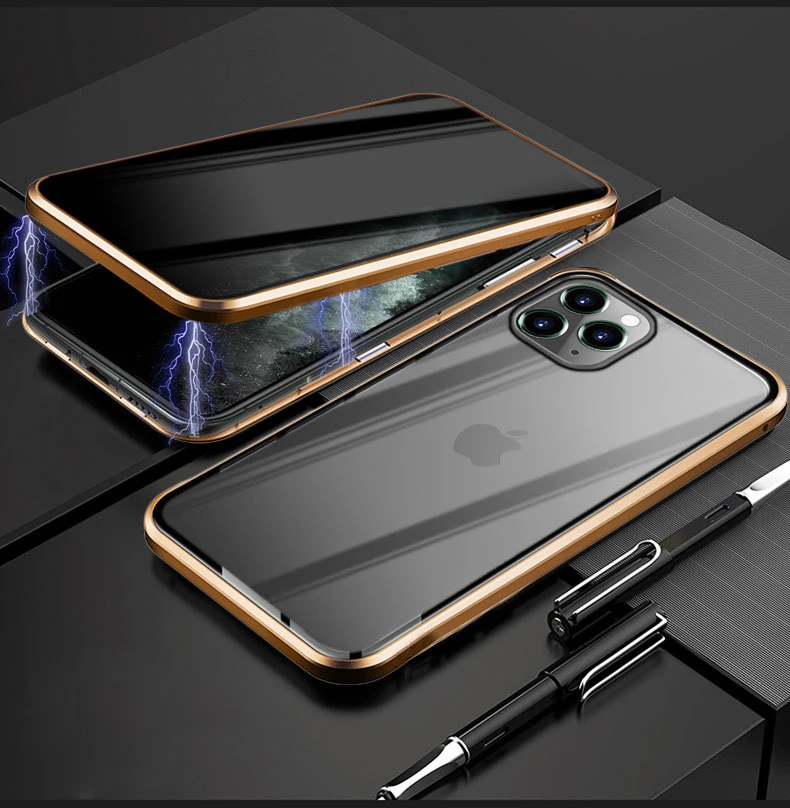 Анти-открытый Магнитный чехол для телефона для iPhone 11 11 Pro Max, двусторонний чехол из закаленного стекла для Apple XR XS MAX 8 7 6s Plus - Цвет: Золотой
