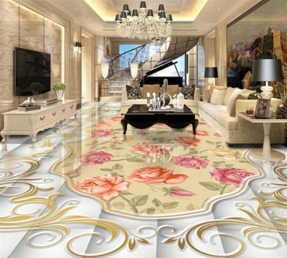 

beibehang Customized self-adhesive floor European style retro rose 3D tile floor living room bathroom painting home decoration