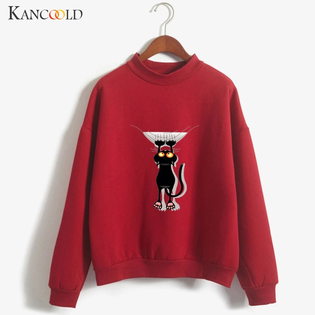 Толстовка KANCOOLD с круглым вырезом, однотонная, с рисунком кота, с длинным рукавом, плюс бархатная толстовка с персонажем, новая Женская толстовка 2019AUG16