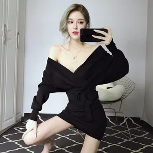 2020 Elegant Batwing Sleeve V Neck Mini Knitted Dress Sexy Club High Waist Backless Sweater Female Fashion Ladies Dresses