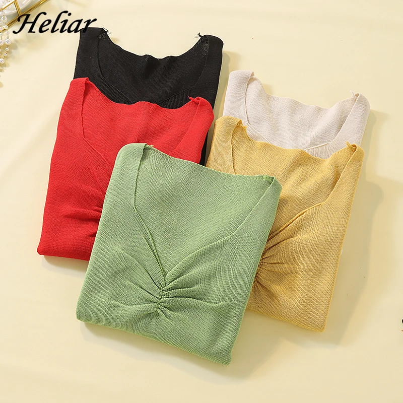 

Heliar Mesh Pleated Thin Small Size V-Neck Long Sleeve Sweater Women Casual 2019 Fall Winter Female Sweater For Women