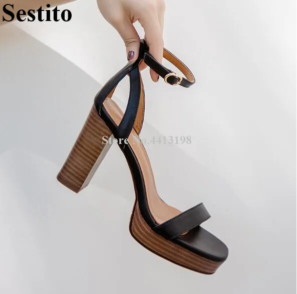 

Sestito Women Sandals Ankle Strap Buckle High Hoof Heel Platform Peep Toe Thick Heels Women Sandals Solid Fashion Women Shoes