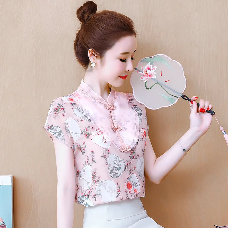 6Color Chinese Style Retro Qipao Tops Vietnam Women Cheongsam Vintage Floral Print Qi Pao Tee Shirts Party Wedding Hanfu T-Shirt