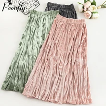 PEONFLY, мода, корейский стиль, высокая талия, юбки для женщин, винтаж, складка, бархат, плиссированные, длинные, макси юбки для женщин, для девушек, розовый, синий