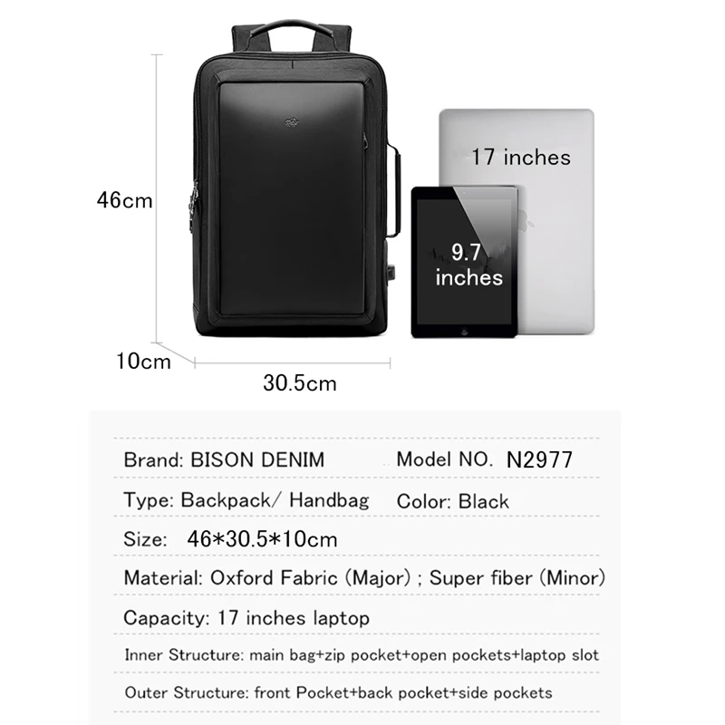 BISON DENIM модный рюкзак, рюкзак с usb зарядкой, многофункциональная мужская дорожная сумка 17 дюймов, рюкзак для ноутбука для подростка N2977