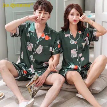 

Green Fashion Casual Style Pajamas Set Imitated Silk Satin Silk Turn Down Collar Short Sleeve Short Pants Couple Men and Women