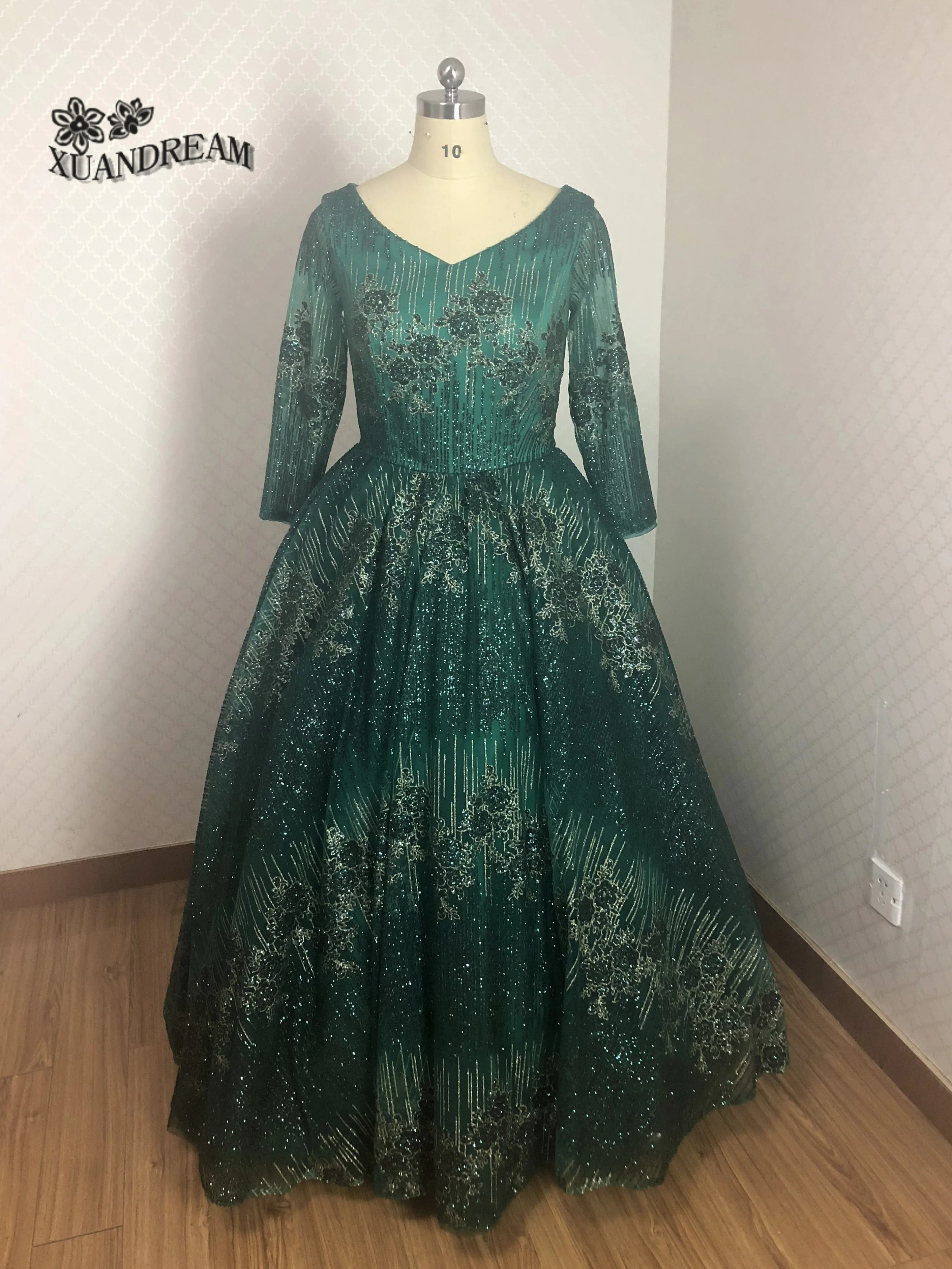 Новое поступление, vestido longo formatura, вечерние женские платья с v-образным вырезом, Шикарные Зеленые платья с длинными рукавами для выпускного вечера, XD-108