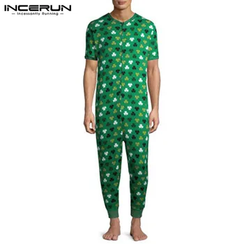 

INCERUN Men Jumpsuit Homewear Comfortable Printing Short Sleeve V Neck Zipper Sleepwear Summer Long Pants Leisure Mens Rompers