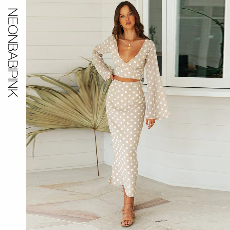 NEONBABIPINK Polka Dot Print Boho Style Spring Summer 2 Piece Set Women Vacation Outfits Ladies Two Skirt Sets N28-AD69 | Женская одежда