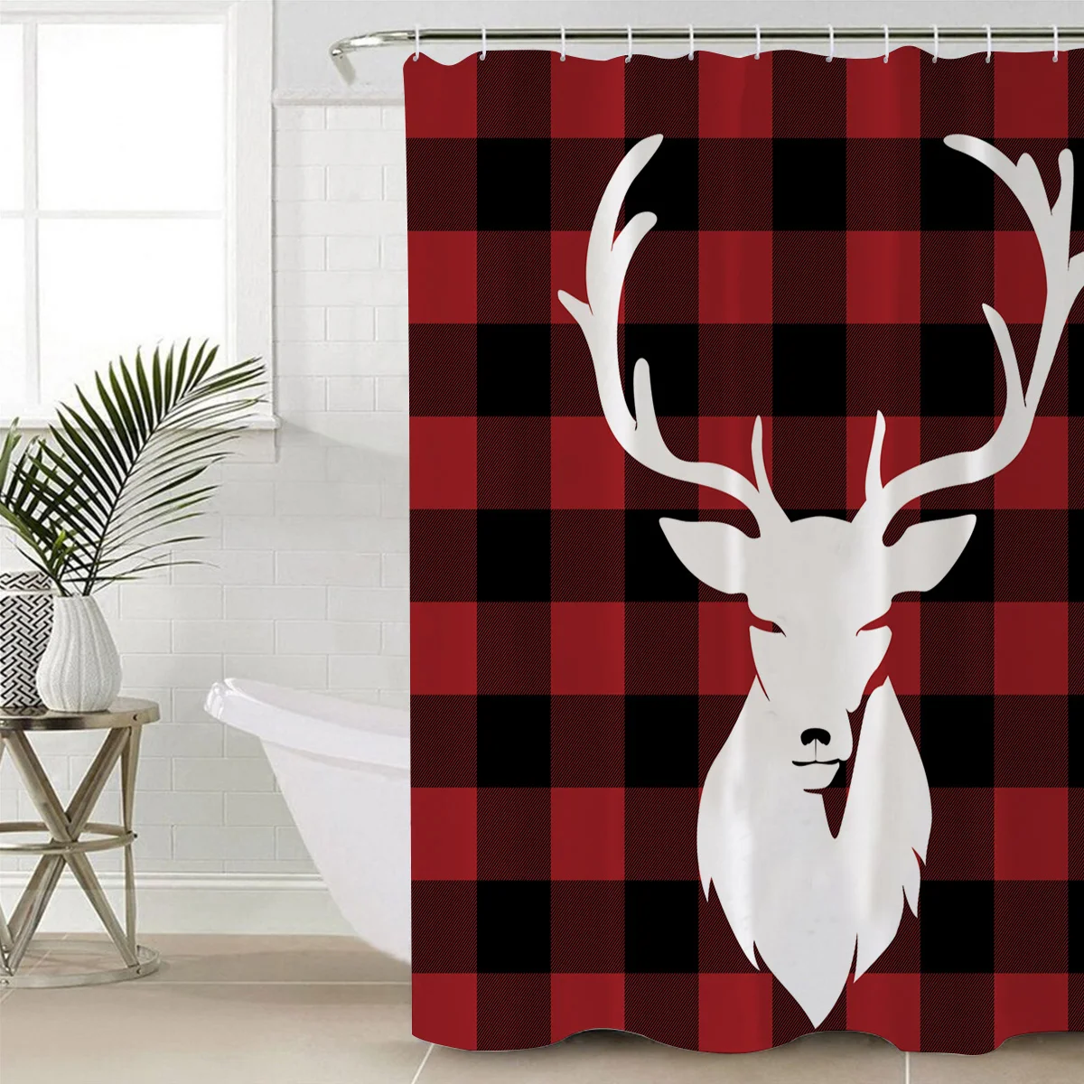 Christmas Red Black Elk Style Pattern Shower Curtains Polyester Fabric Waterproof Bathroom Bath Curtain