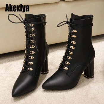 

Plus Size 34-43 Ankle Boots Women Brnad New Lace Up High Heel Boots black silver Casual Office Shoes Women u372