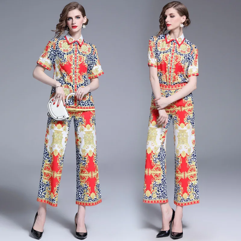 

2019 New Style WOMEN'S Dress Two-Piece Set Europe And America Retro Fold-down Collar Short-sleeved Shirt Capri Pants Printed Set