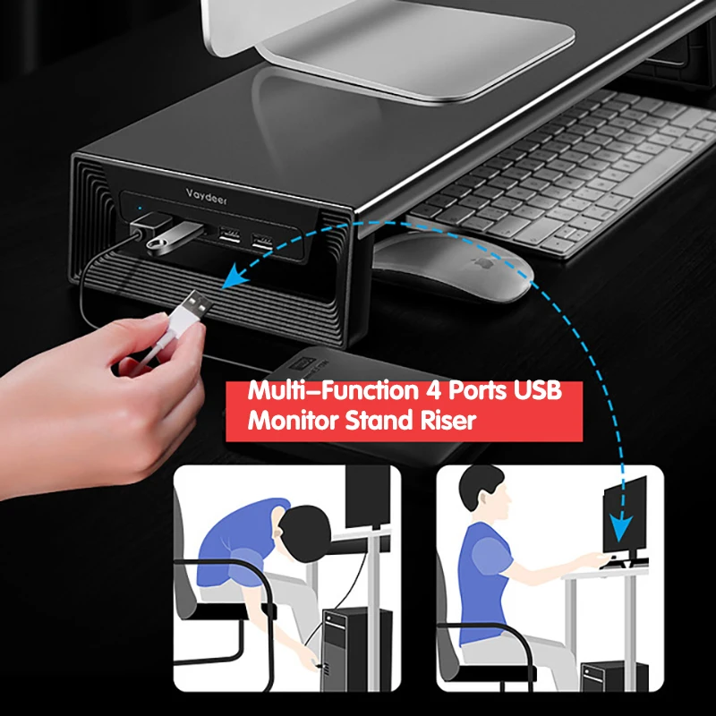 Suporte de Riser Suporte do Monitor Organizador de Mesa Suporte para Computador Escritório em Casa Universal com 4 Carregamento Portátil Usb - Imagem 4