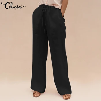 

2020 New Women Casual Vintage Loose Wide Leg Pants Celmia Solid Cotton Long Trousers Pockets Drawstring Pantalon Femme 5XL 7