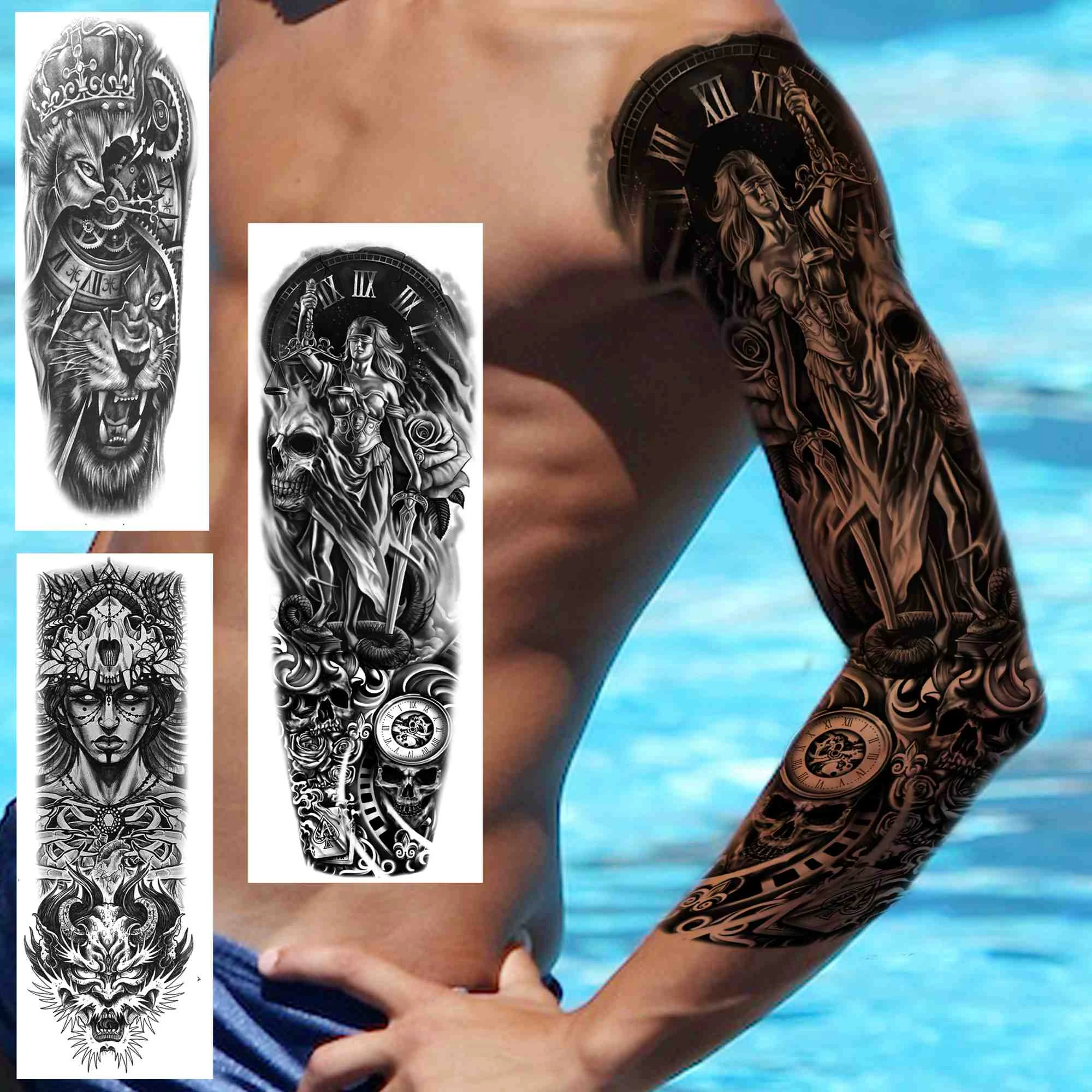Skull Head Nun Compass Full Arm Tattoo Sleeves For Men Women Lion Tiger Dragon Temporary Tattoos Sticker Washable Large Tatoos Temporary Tattoos Aliexpress
