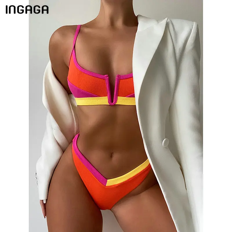 INGAGA Bikinis Sexy acanalado de la mujer de baño traje de baño 2021 de parches lisos Bikini Tanga Bikini conjunto
