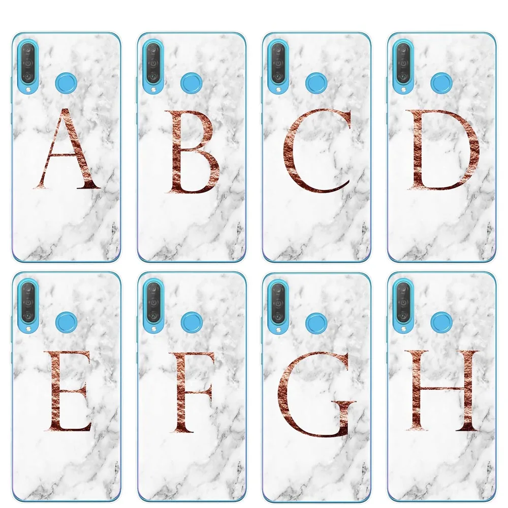 

Letter Monogram A B C D white marble Soft TPU Phone Case For Coque Huawei P30 P20 Lite Pro P10 P9 Lite 2017 Back Cover Capa Skin