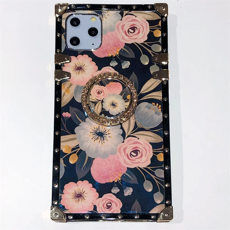 Cordão de Silicone Luxo Diamante Anel Suporte Quadrado Rosa Flor Case Telefone Samsung S20 S10 9 Note20 10 A71 A51 Capa 3d 11 note20 10 a71 a51 cordão de silicone capa