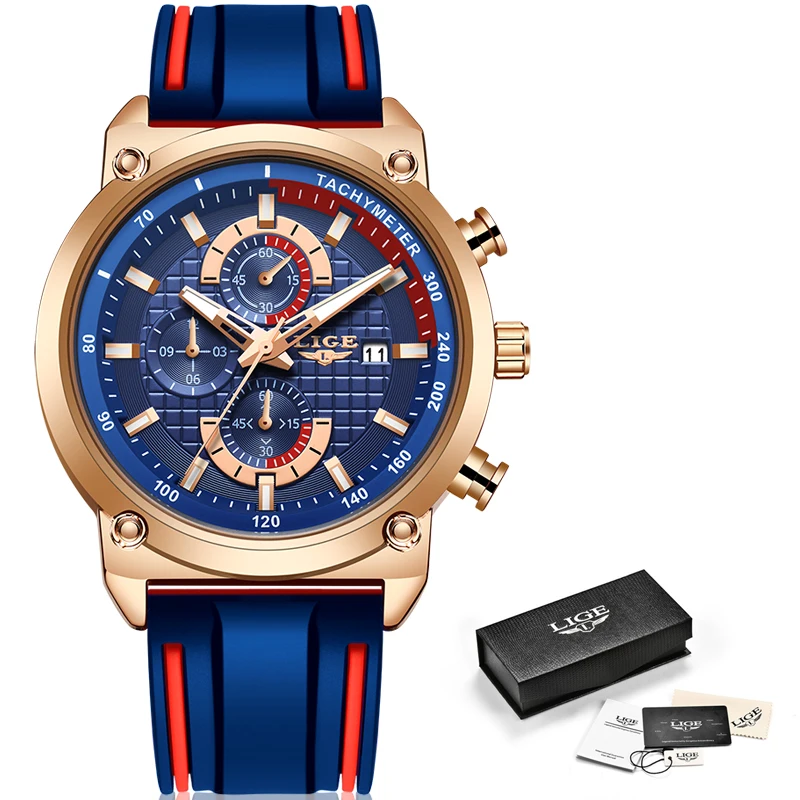 New Top Fashion Chronograph Quartz Men Watches Lige Silicone Strap Date Wristwatch Clock Male Lumin-6