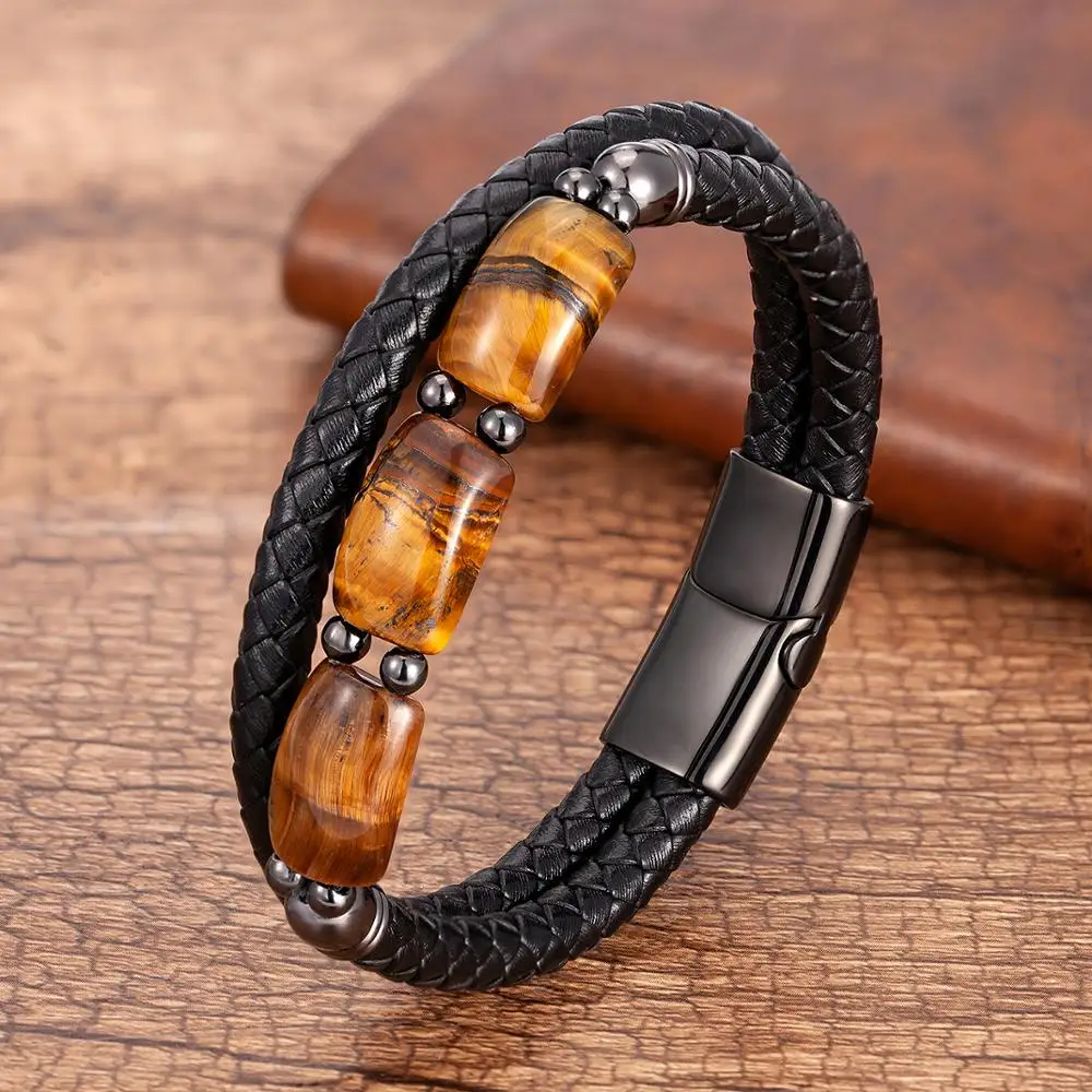 High Quality Tiger Eye Stone Bracelets For Men Geometric Natural Stone Beads Leather Rope Bangles 2020 Men’s Jewelry Accessories