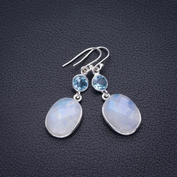 

Natural Rainbow Moonstone And Blue Topaz Handmade 925 Sterling Silver Earrings 1.75" D3367