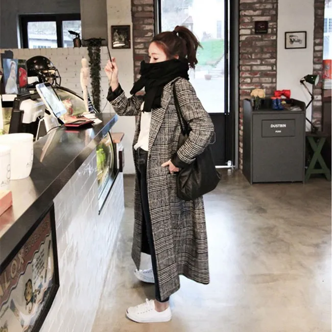 Beste Winter Herfst Elegante Vrouwen Koreaanse Kantoor Dame Lange Geruite Jas Losse Oversized Warme Wol Combineert Overjas Casual Ol Trenchcoat