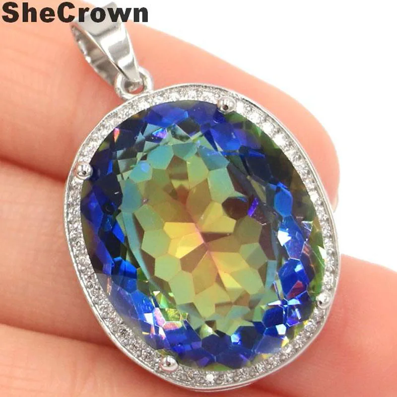 

34x21mm Big Oval 22x18mm Gemstone Fire Rainbow Violet Mystic Topaz Natural CZ Gift For Girls Silver Pendant