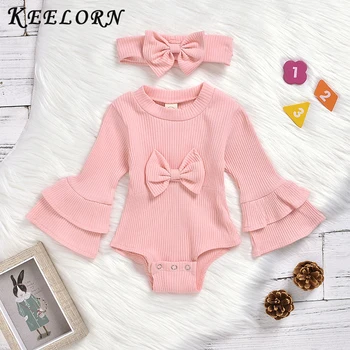 

Keelorn 2PCS Knitted Solid Jumpsuit Newborn Baby Girl Clothes Long Sleeve Autumn Romper Long Sleeve Headband Outfit Clothes