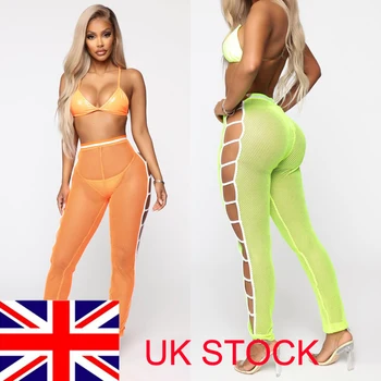 

Sexy Women Mesh Long Pant Hollow Out Slim High Waist Trouser Sheer Party Cocktail Swimwear Beachwear Sun protection pants