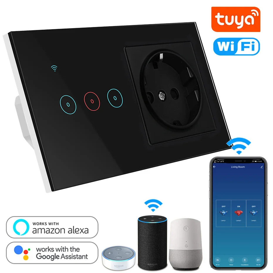 Электрическая розетка Tuya Smart Life с выключателем светодиодный сенсорный