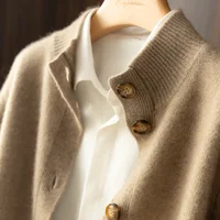 Autumn and Winter 100% Wool Cashmere Sweater Women's Self-Cultivation Half High Neck Cardigan Warm Knitted Sweater Women 1