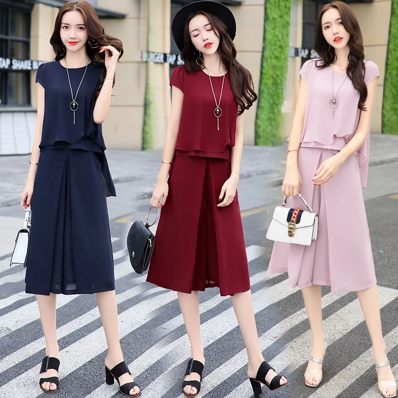 

Fashion Simple Solid Color Crew Neck Short-sleeved Chiffon Shirt + High-waisted Loose Pants Elegant Set/Suit Skirt 2019 Summer
