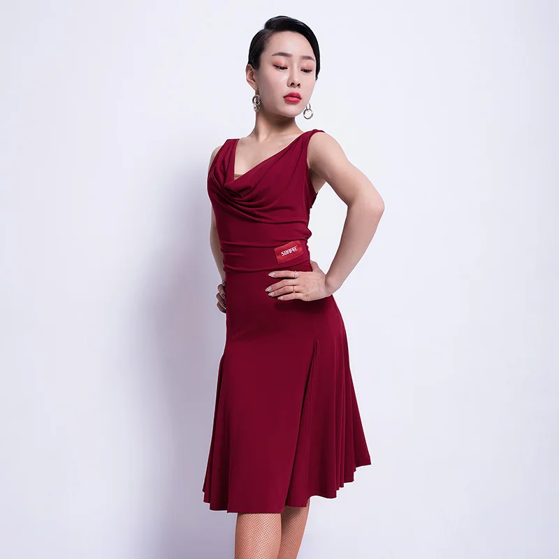 Wine Red Модная танцевальная одежда без рукавов для танго, латинских танцев с v-образным вырезом, танцевальная юбка для леди и взрослых, стандартная танцевальная одежда для фламенко B0176 - Цвет: Wine Red
