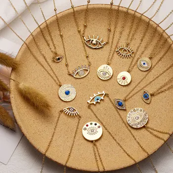 

2020 New Fashion Ladies Chic Gold Chain Colorful Rhinestone Filled Evil Eye Coin Necklace For Women Bohemian Gold Necklaces gift