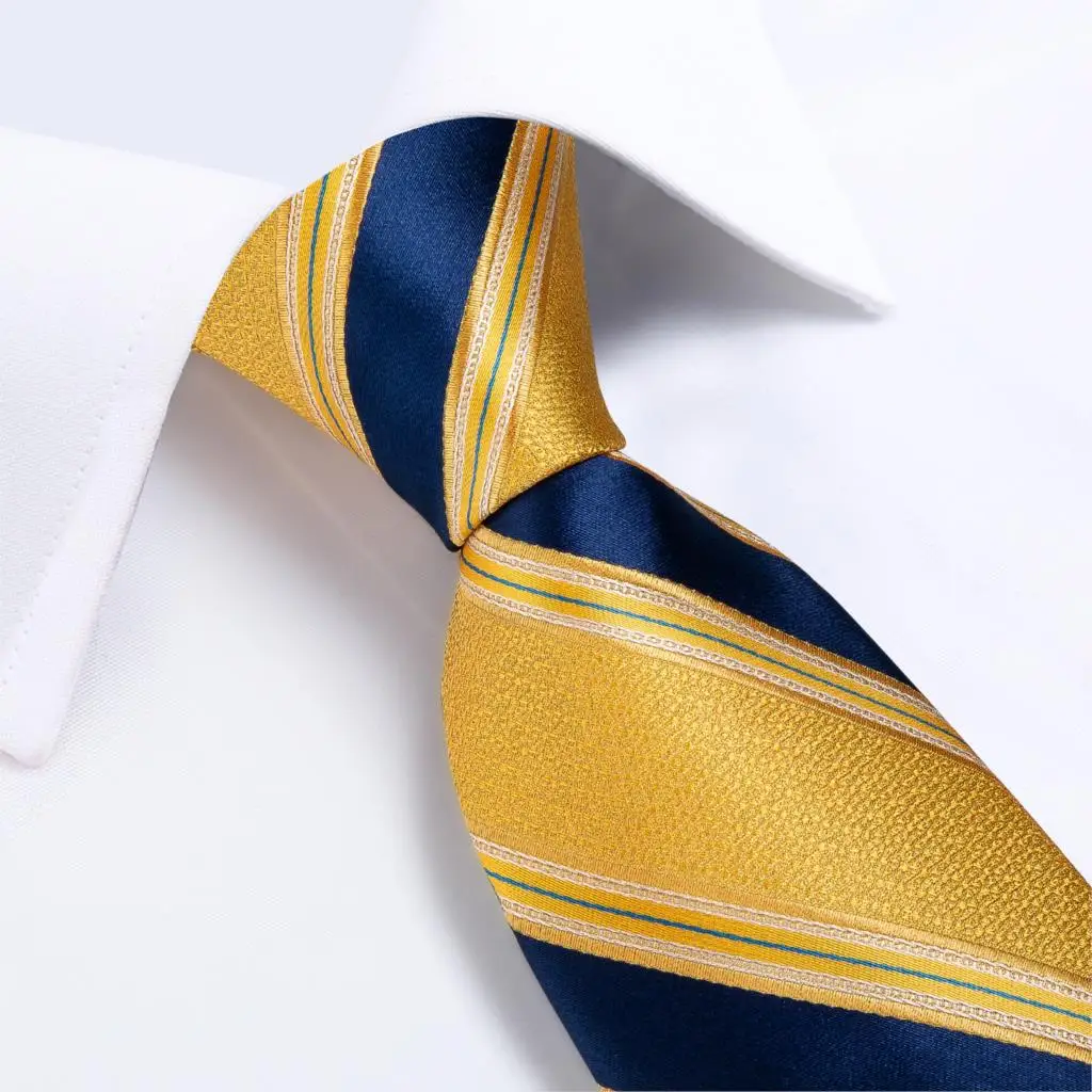 Men Tie Luxury Yellow Blue Striped Paisley Plaid Silk Wedding Tie For Men DiBanGu Designer Hanky Cufflinks Gift Set