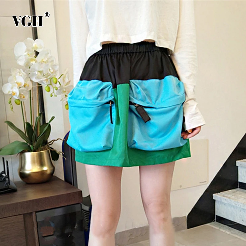 

VGH Casual Patchwork Women Skirts High Waist Hit Color Pockets Mini Bud Skirt For Female Fashion Clothing 2020 Summer Tide
