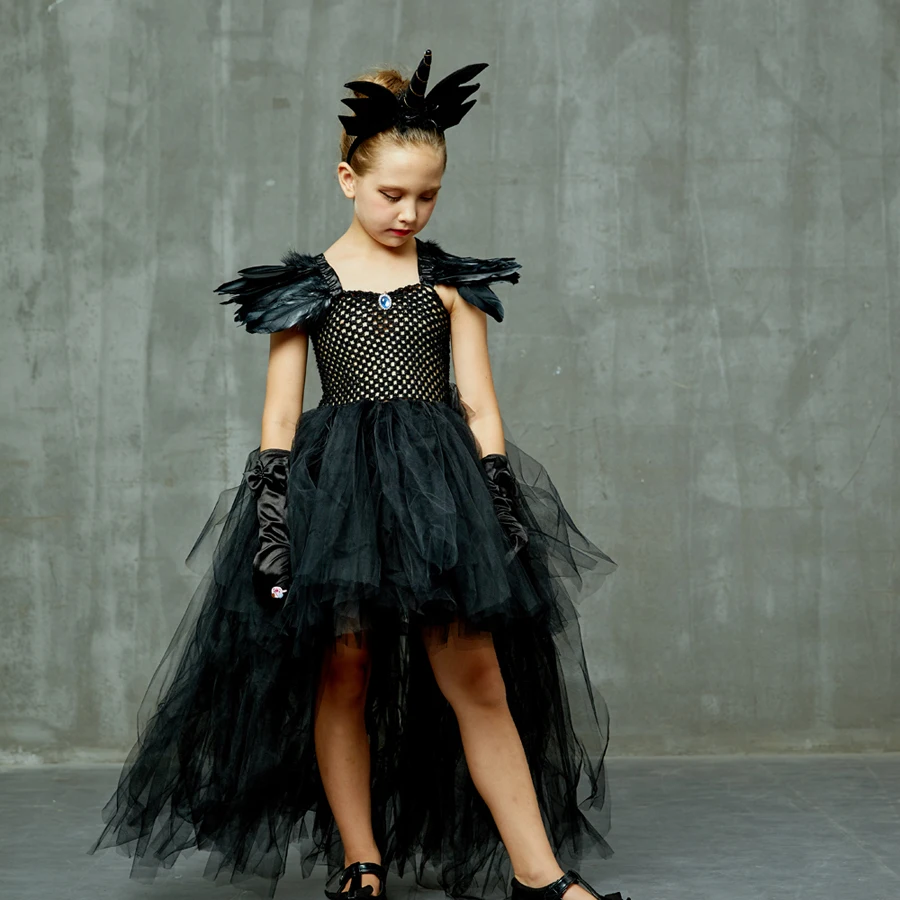 Fallen Angel Dark Gothic Black Halloween Tutu Dress Glitter Wings Girls Halloween Evening Party Ball Gown Evil Witch Costume (3)
