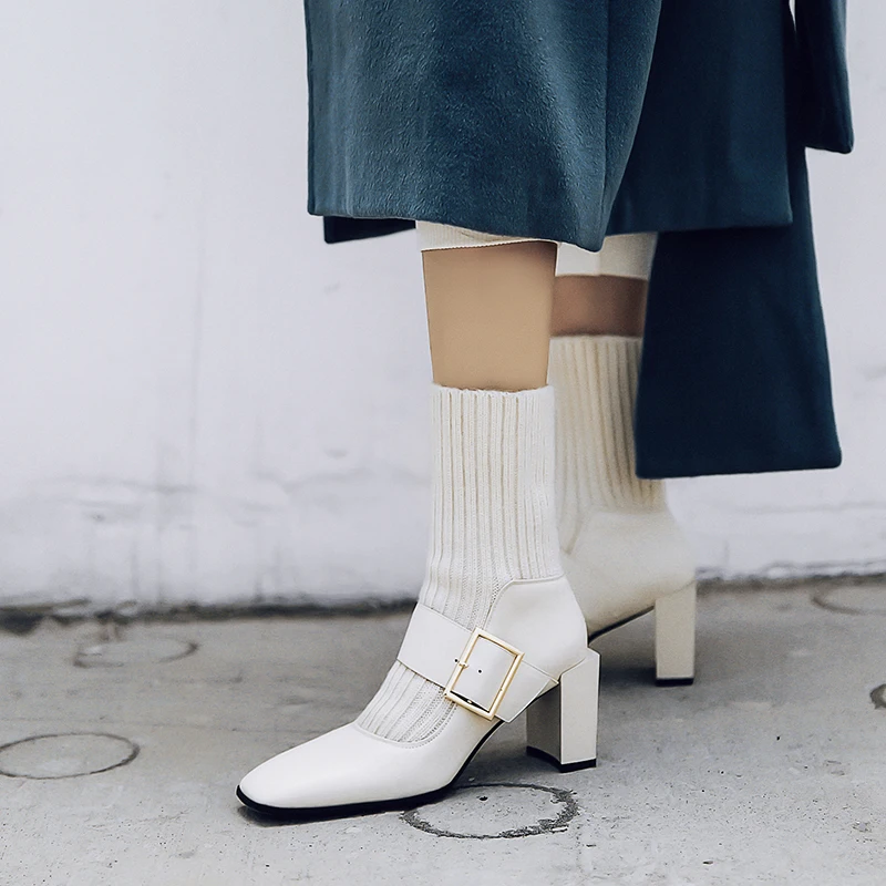 Boots Women Genuine Leather Mid-calf Boots Fashion High Heels Autumn Winter Party Prom Shoes Woman Office