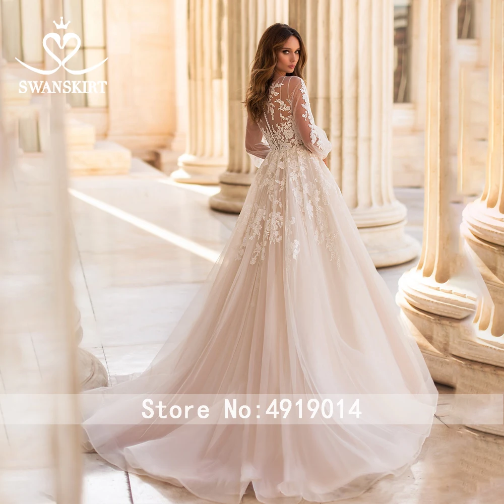 Гламурное свадебное платье с цветами 2019 Swanskirt с круглым вырезом и длинными рукавами трапециевидной формы с аппликацией, свадебное платье с